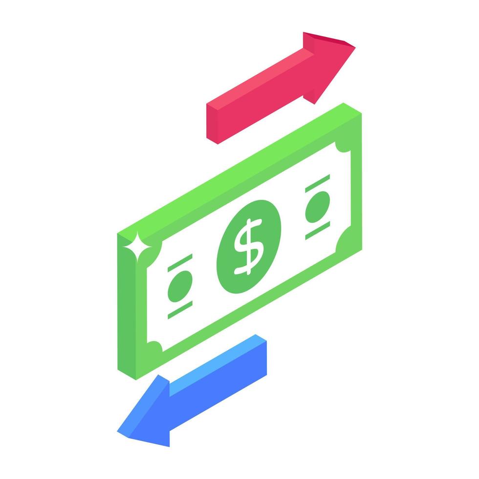 Money transfer icon in isometric design, banknote with sorting arrows vector