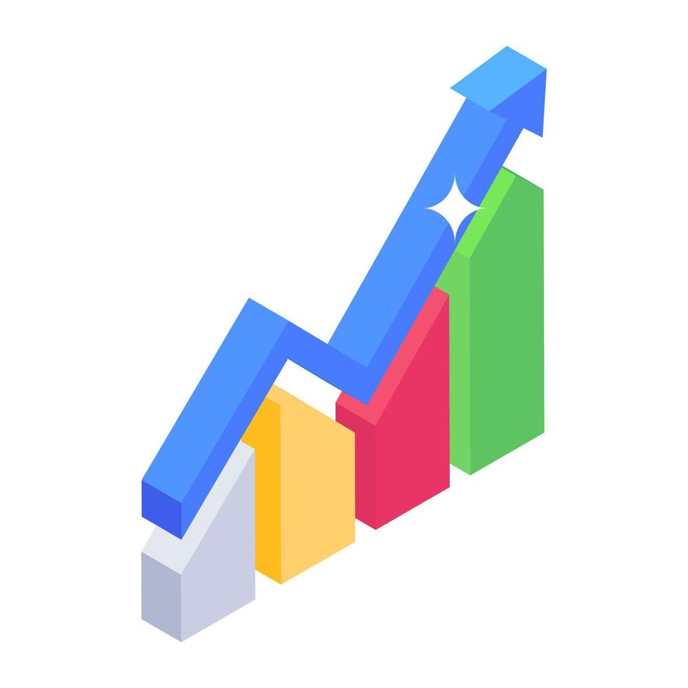 Up arrow with bars denoting business growth chart in isometric icon vector