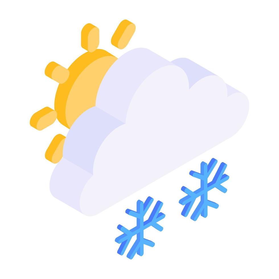 Cloud with sun and snowflakes denoting isometric icon of snowy day vector