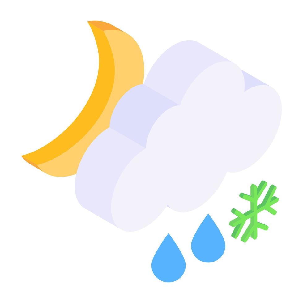 Cloud with sun and snowflakes denoting isometric icon of snowy day vector