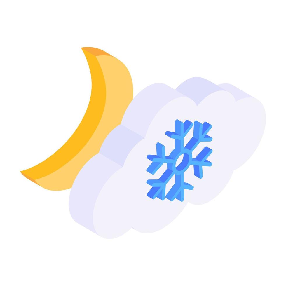 Snowflakes falling from cloud with moon denoting night snowfall icon vector