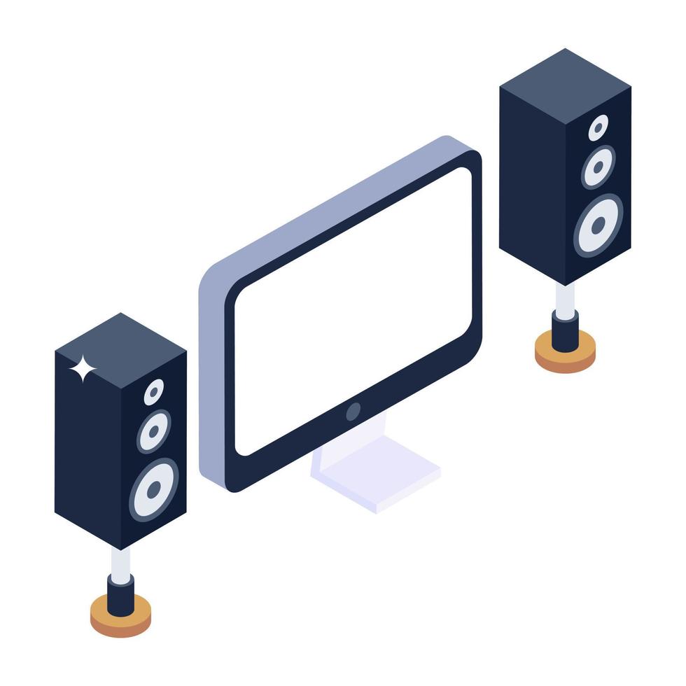 Screen and woofers denoting isometric icon of home cinema vector