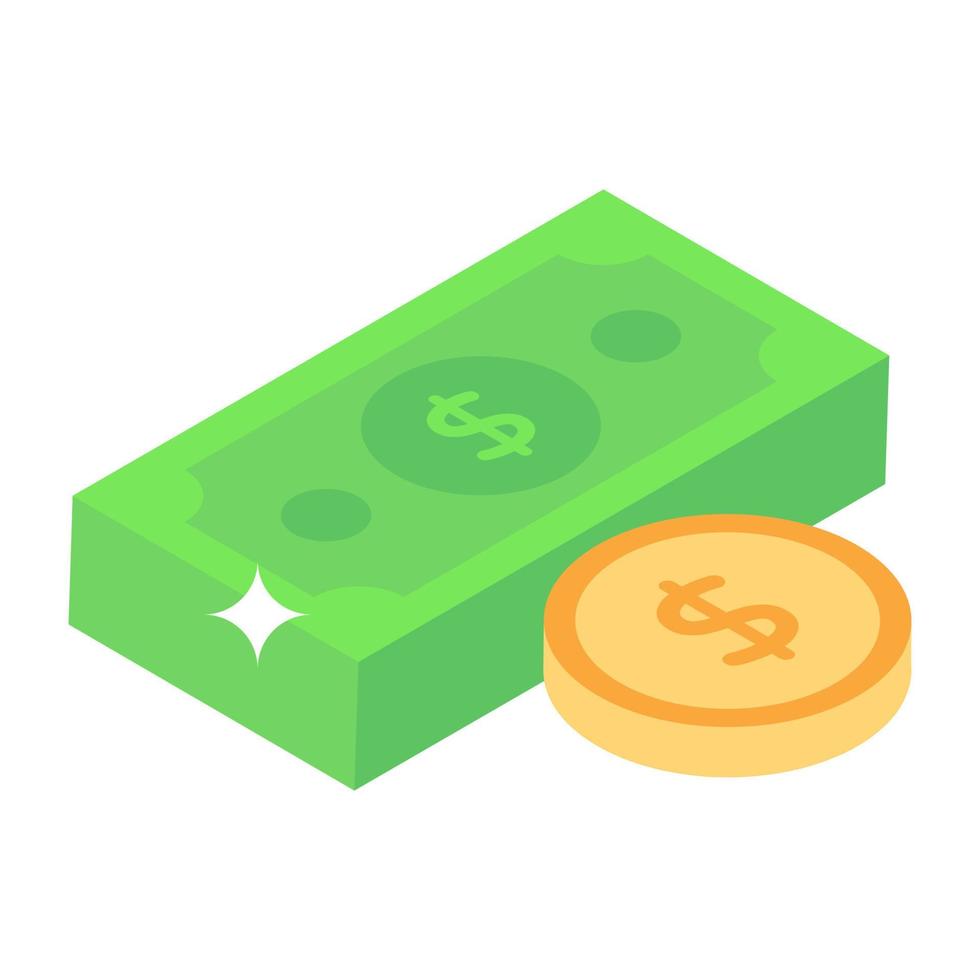 Dollar coin with notes, isometric icon of a cash vector