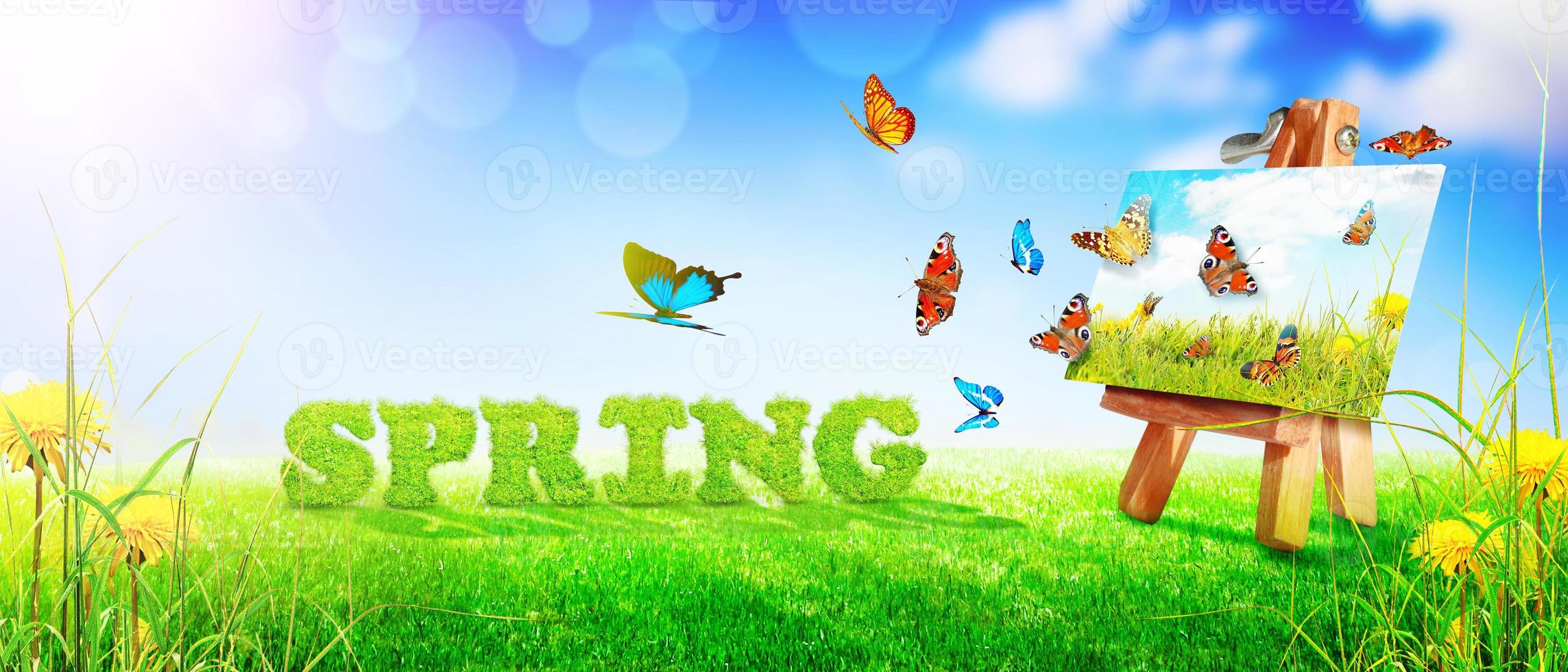 Spring and summer panorama with word spring. photo