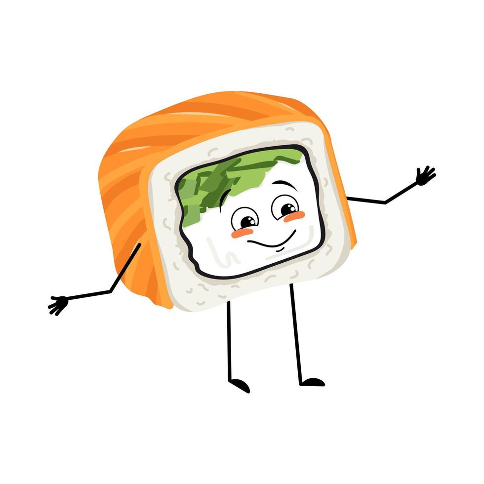 personaje de sushi con emociones alegres, cara feliz, sonrisa, ojos, brazos y piernas. persona con expresión divertida, emoticono de comida asiática. ilustración plana vectorial vector