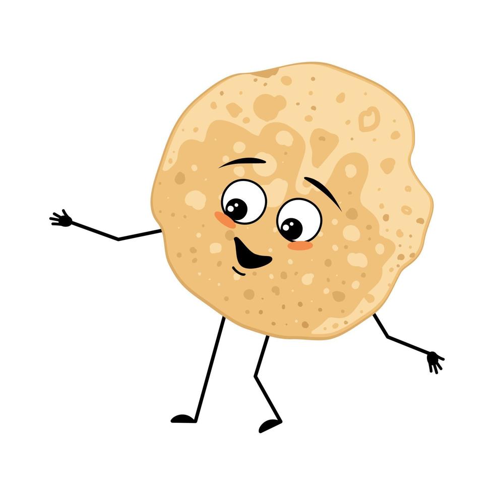 Pancake character with joyful emotions, happy face, smile, eyes, arms and legs. Baking person, homemade pastry with funny expression. Food emoticon for carnival or Maslenitsa. Vector illustration