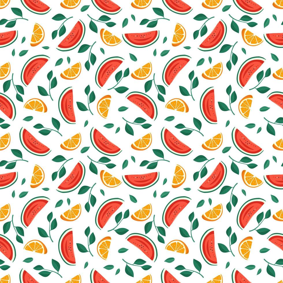 Seamless bright spring and summer pattern with oranges, watermelon, leaves and slices on white background. Print of citrus fruits and berries. Vector flat illustration of healthy food