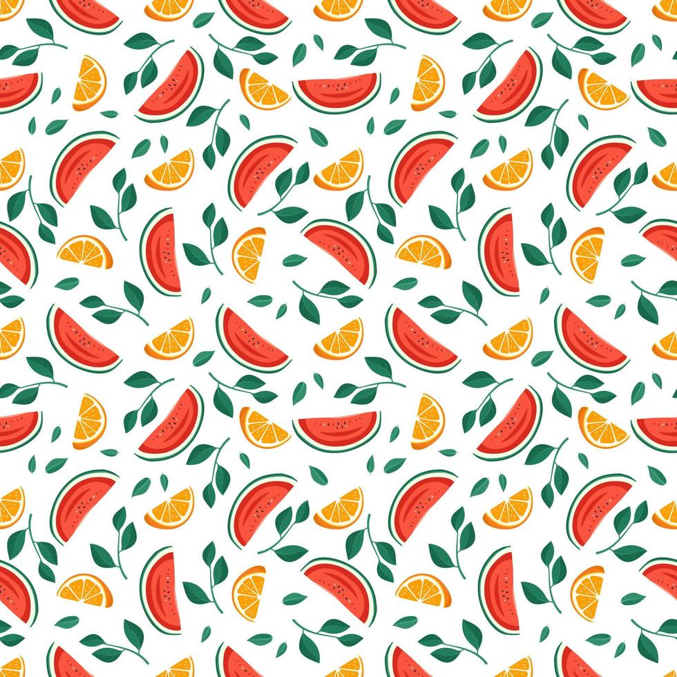 Seamless bright spring and summer pattern with oranges, watermelon, leaves and slices on white background. Print of citrus fruits and berries. Vector flat illustration of healthy food