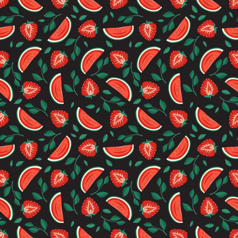 Seamless pattern with red strawberries, watermelon and leaves. Cute summer or spring print with berries on dark background. Festive decoration for textiles, wrapping paper. Vector flat illustration