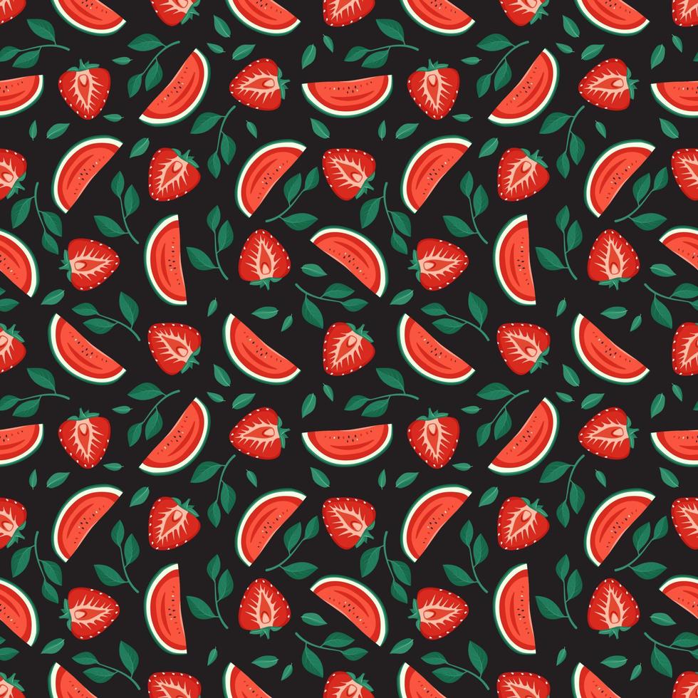 patrón impecable con fresas rojas, sandía y hojas. lindo estampado de verano o primavera con bayas sobre fondo oscuro. decoración festiva para textiles, papel de regalo. ilustración plana vectorial vector