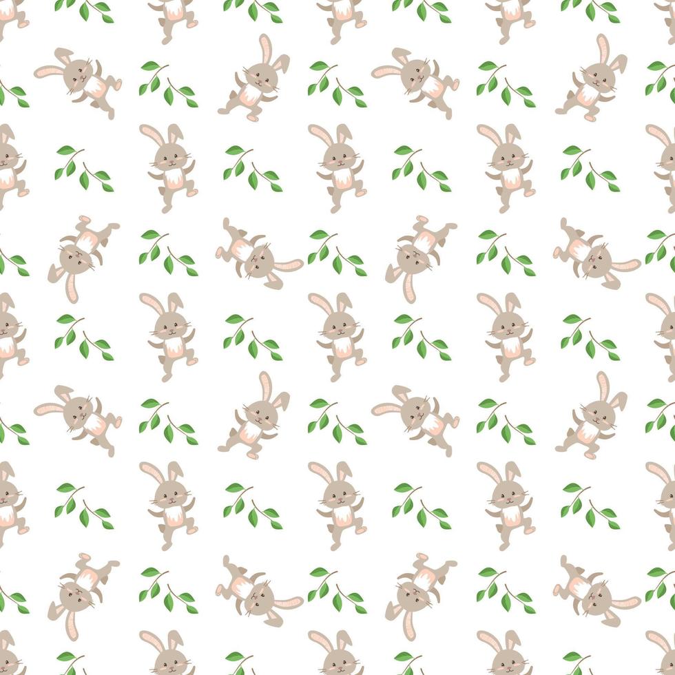 felices pascuas de patrones sin fisuras. impresión de decoración festiva con conejo y ramita verde y hojas sobre fondo blanco. elementos para envolver papel, textiles y decoración. ilustración plana vectorial vector