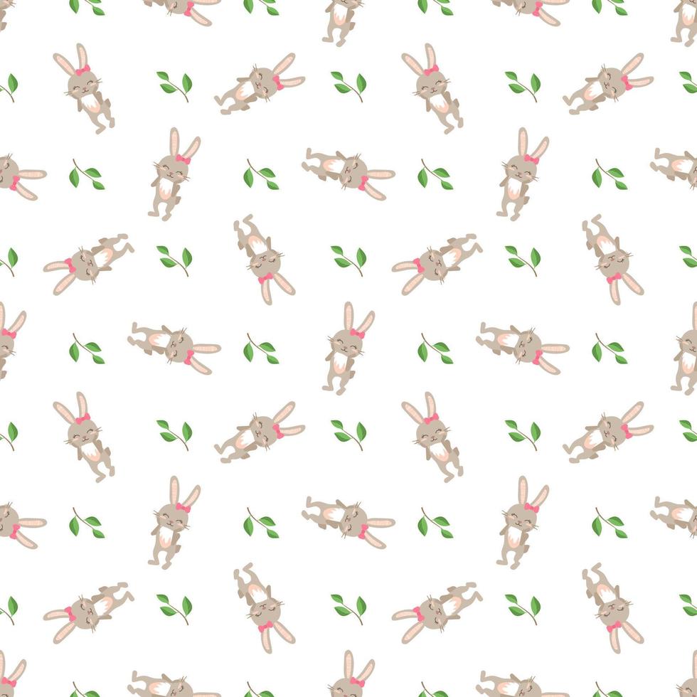 Happy Easter seamless pattern. Festive decoration print with rabbit and green twig and leaves on white background. Elements for wrapping paper, textiles and decor. Vector flat illustration
