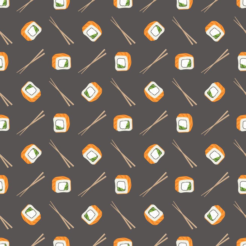 Seamless pattern with japanese sushi and rolls. Print of delicious oriental traditional food on dark background. Vector flat food illustration