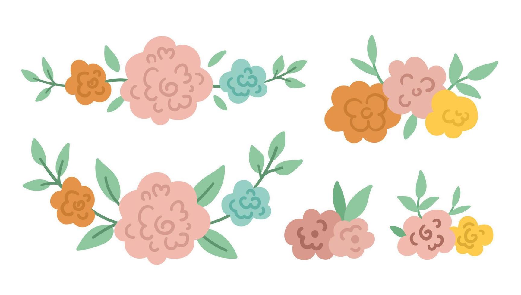 conjunto de elementos decorativos horizontales florales vectoriales. colección de ilustraciones planas con flores rosas, hojas, ramas. hermoso ramo de primavera o verano aislado sobre fondo blanco vector