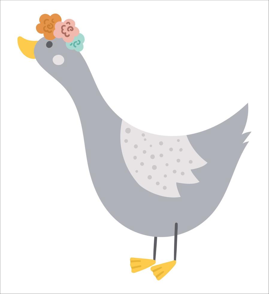 Vector hand drawn goose with flowers on the head. Cute bohemian style bird icon isolated on white background. Sweet boho illustration for card, print, stationery design.