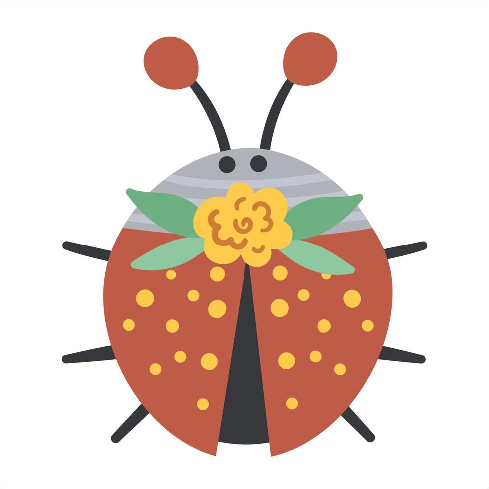 Vector hand drawn ladybug with flowers on the head. Cute bohemian style woodland insect icon isolated on white background. Sweet boho forest illustration for card, print, stationery design.