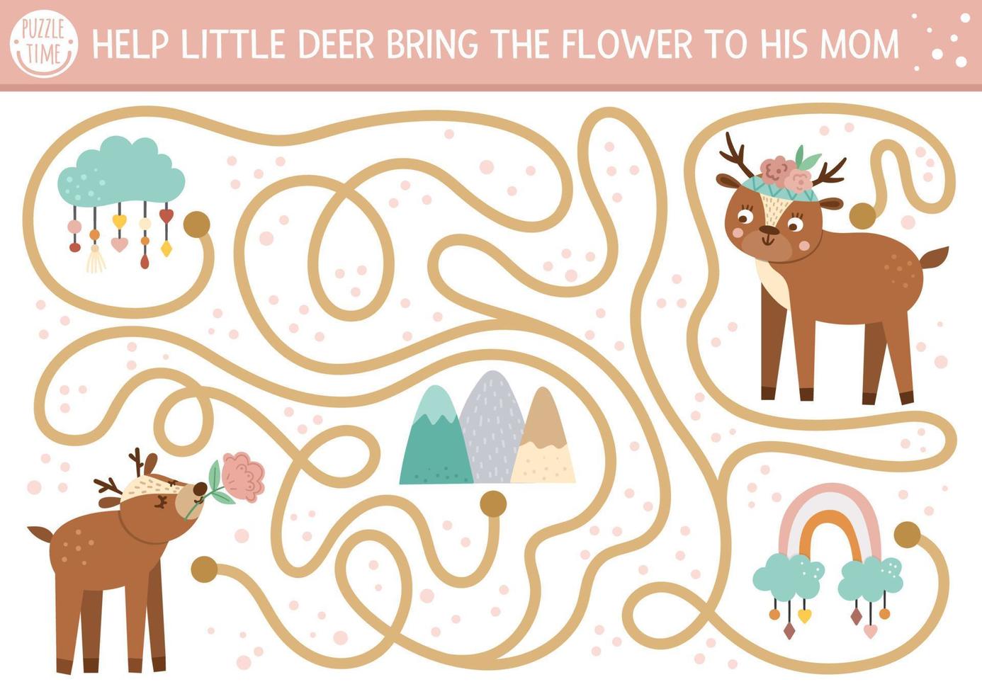 Mothers day maze for children. Holiday preschool printable educational activity. Funny family love game or puzzle with cute animals. Mother and baby labyrinth. Help little deer bring flower to mom. vector