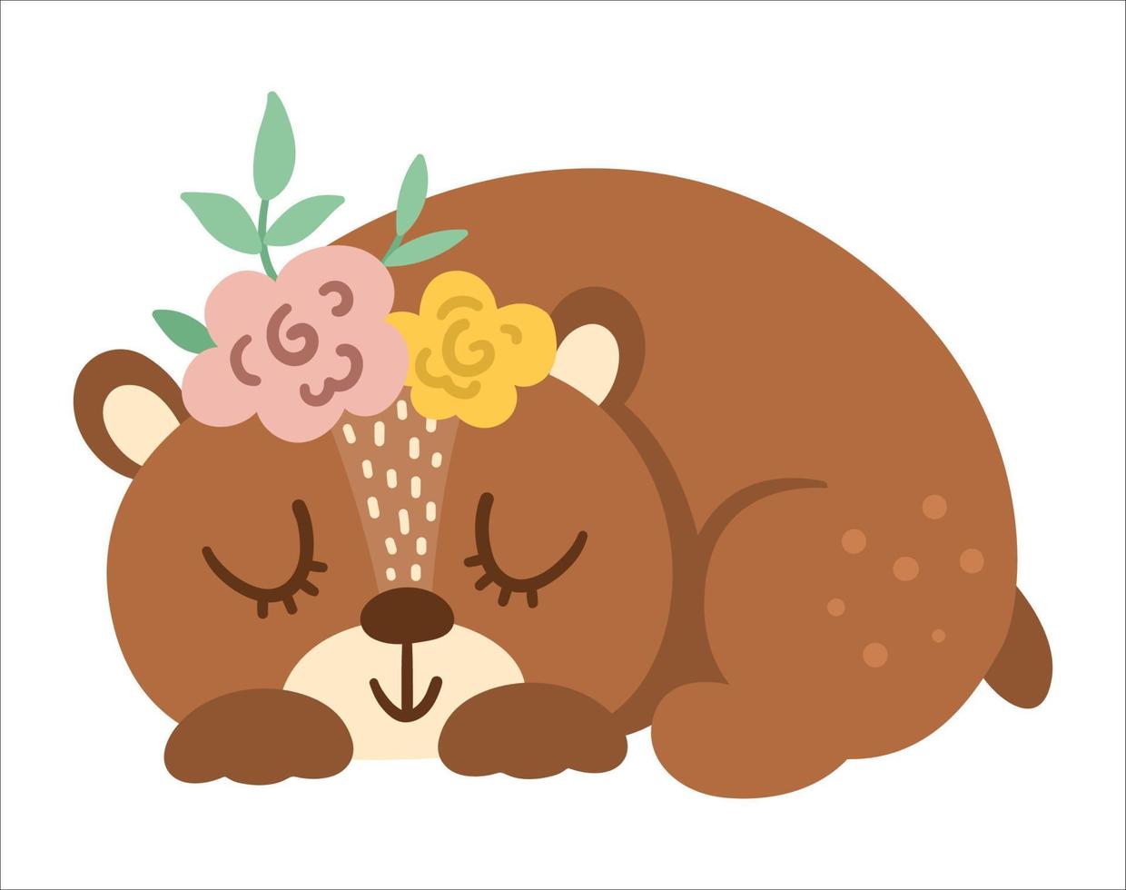 Vector hand drawn bear with flowers on the head. Cute bohemian style sleeping woodland animal icon isolated on white background. Sweet boho forest illustration for card, print, stationery design.