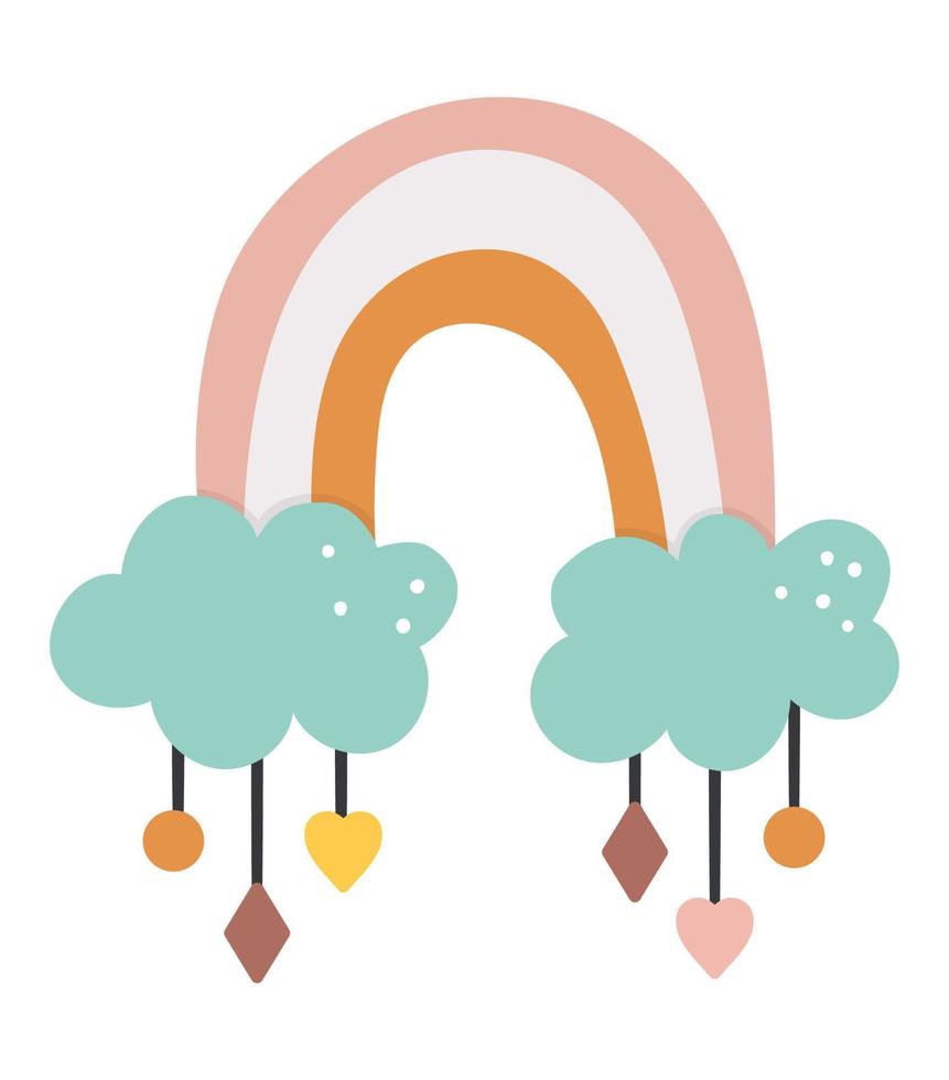 arco iris vectorial boho con colgantes. icono bohemio aislado sobre fondo blanco. ilustración adornada celestial. vector