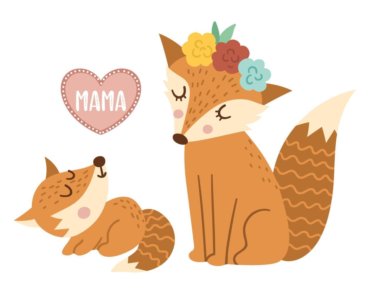 Vector hand drawn baby fox with parent isolated on white. Funny bohemian style woodland animal scene showing family love. Cute boho forest illustration for card, print, stationery design.