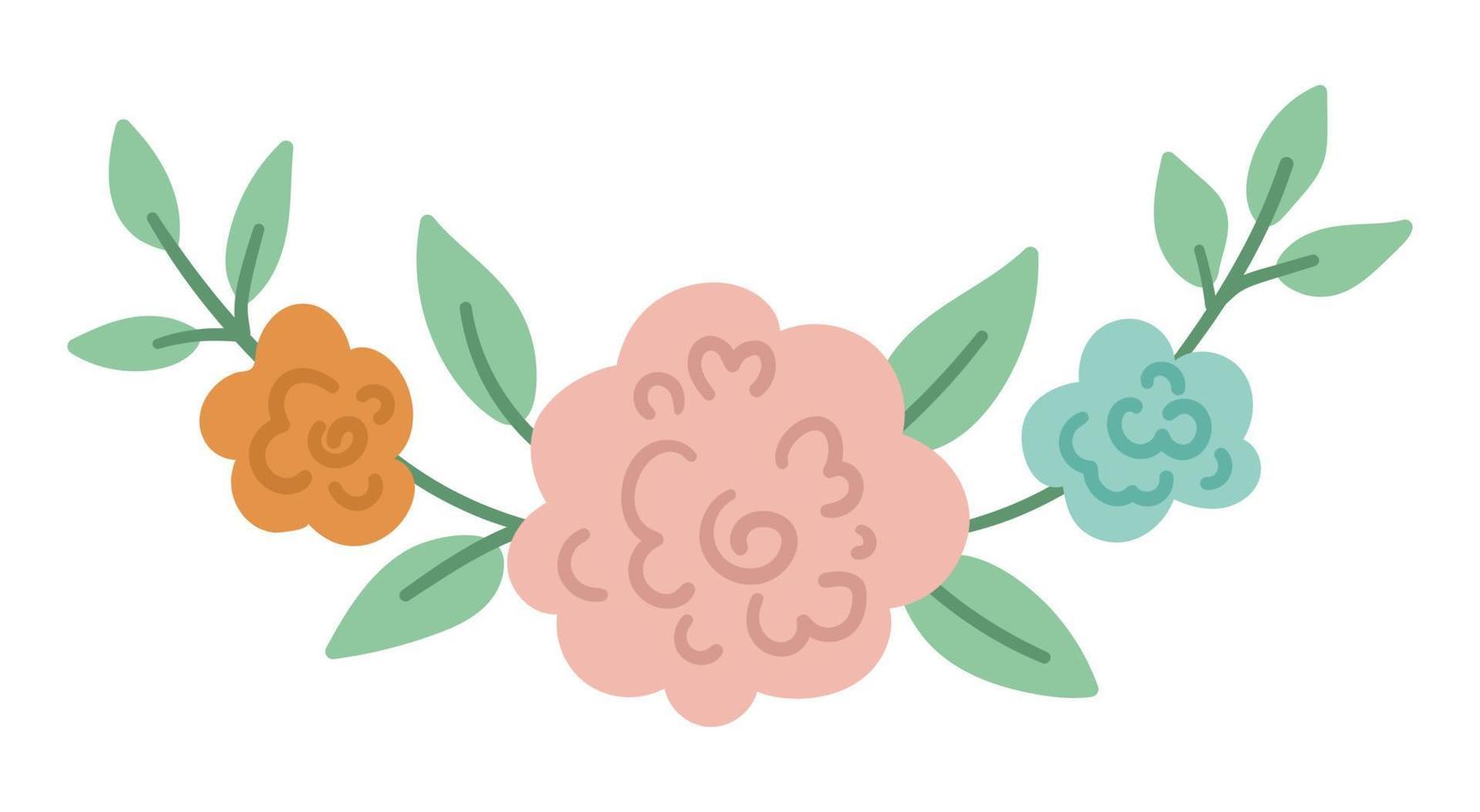 Vector floral horizontal decorative element. Flat illustration with rose flowers, leaves, branches. Beautiful spring or summer bouquet isolated on white background