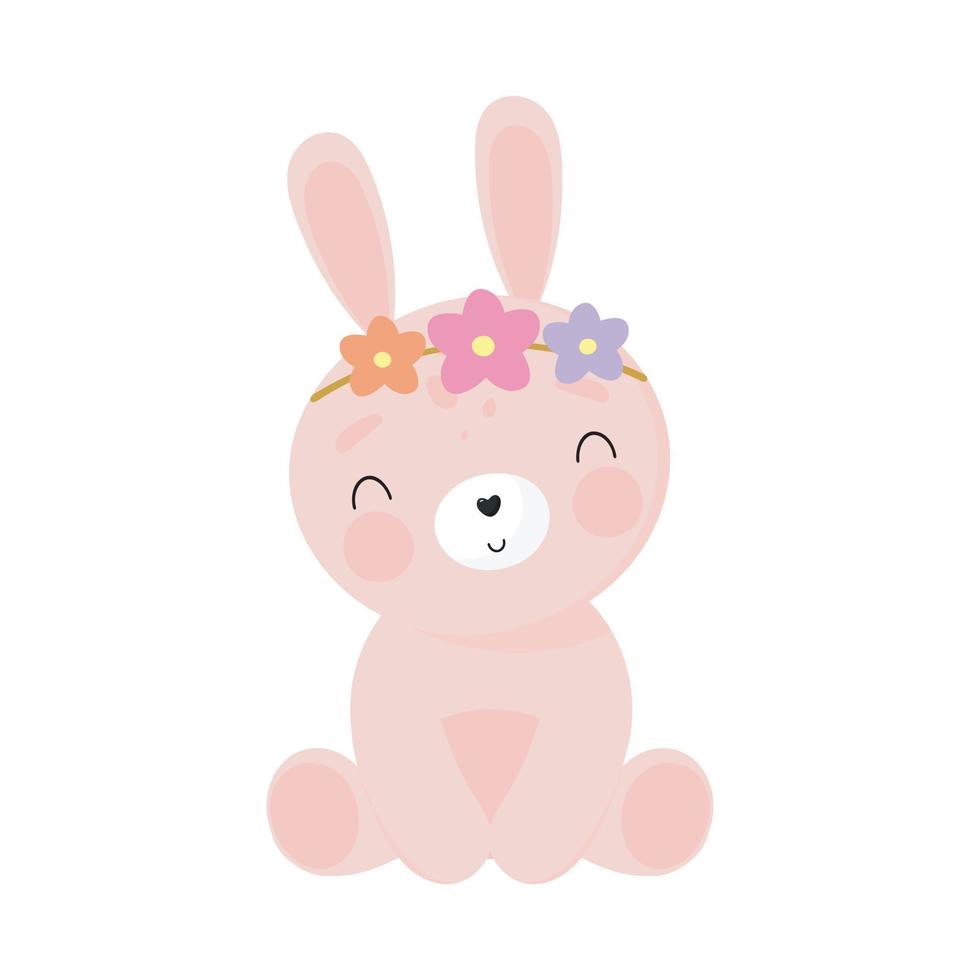 Cute Rabbit with flowers. Cartoon style. Vector illustration. For kids stuff, card, posters, banners, children books, printing on the pack, printing on clothes, fabric, wallpaper, textile or dishes.