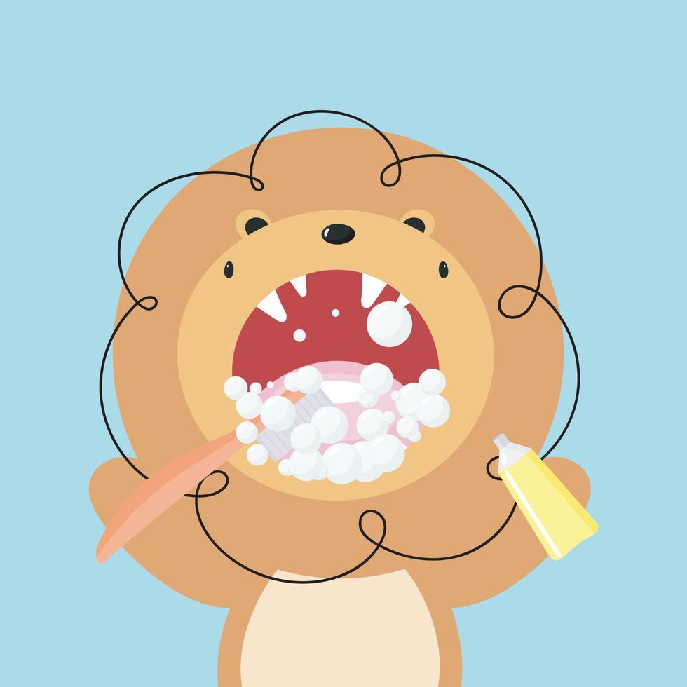 Cute Lion brushing his teeth. Dental concept for children dentistry. Vector illustration in cartoon style. For kids stuff, card, posters, banners, children books and print for clothes, t shirts.