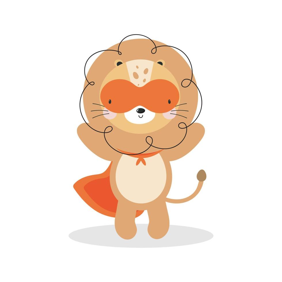 Cute Lion Superhero. Cartoon style. Vector illustration in white background. For kids stuff, card, posters, banners, children books and print for clothes, t shirts.