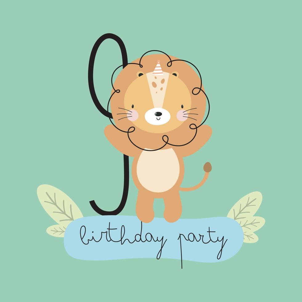 Birthday Party, Greeting Card, Party Invitation. Kids illustration with Cute Lion and an inscription nine. Vector illustration in cartoon style.