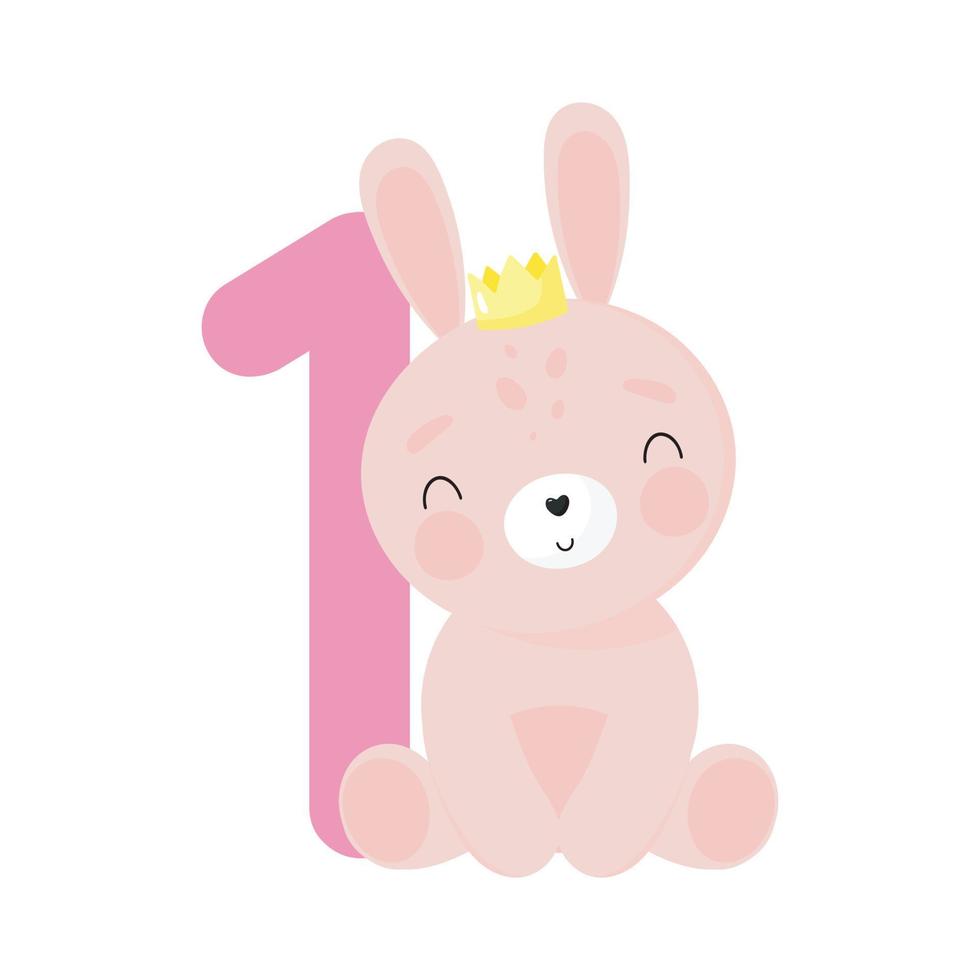 Birthday Party, Greeting Card, Party Invitation. Kids illustration with Cute Rabbit and an inscription one. Vector illustration in cartoon style.