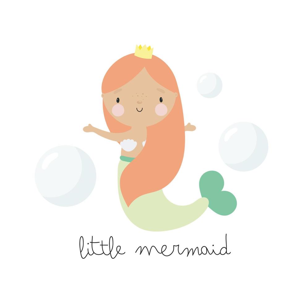 Cute mermaid in cartoon style. For kids stuff, card, posters, banners, books, printing on the pack, printing on clothes, fabric, wallpaper, textile or dishes. Vector illustration.
