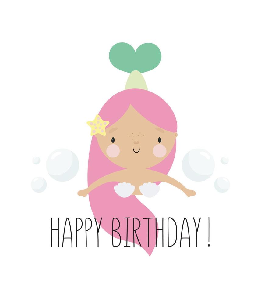 Birthday Party, Greeting Card, Party Invitation. Kids illustration with Cute Mermaid. Vector illustration in cartoon style.