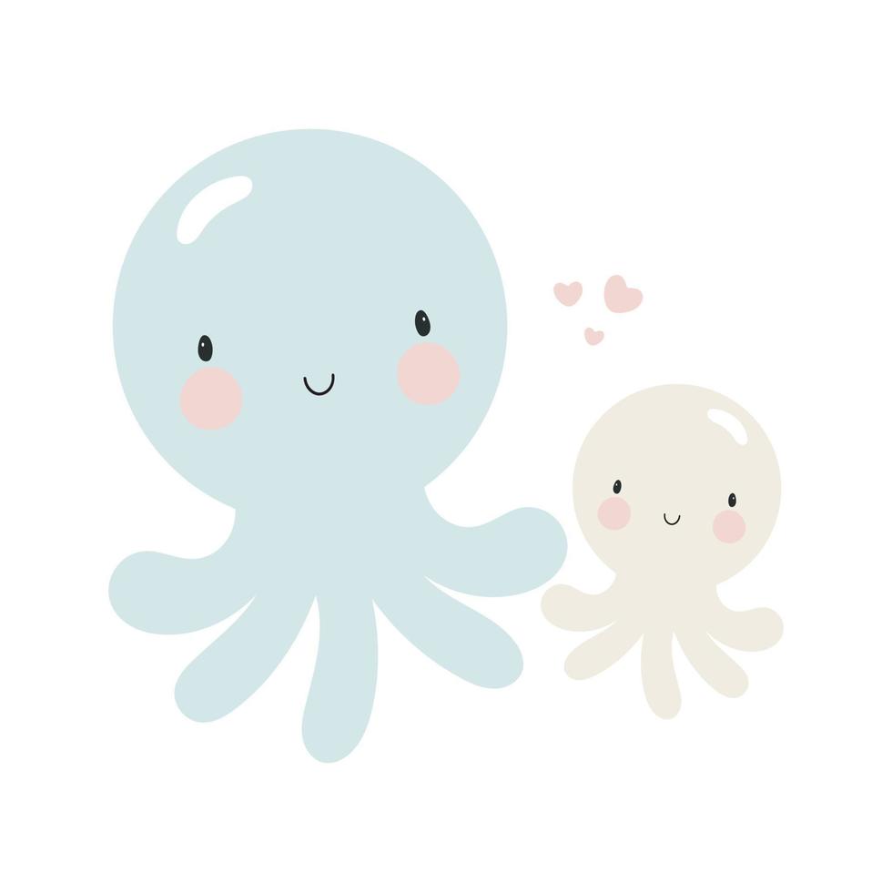 Cute Octopus with baby. Cartoon style. Vector illustration. For kids stuff, card, posters, banners, children books, printing on the pack, printing on clothes, fabric, wallpaper, textile or dishes.