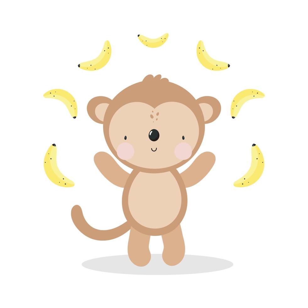 Cute Monkey with banana in cartoon style. Vector illustration in white background. For kids stuff, card, posters, banners, children books and print for clothes, t shirts.