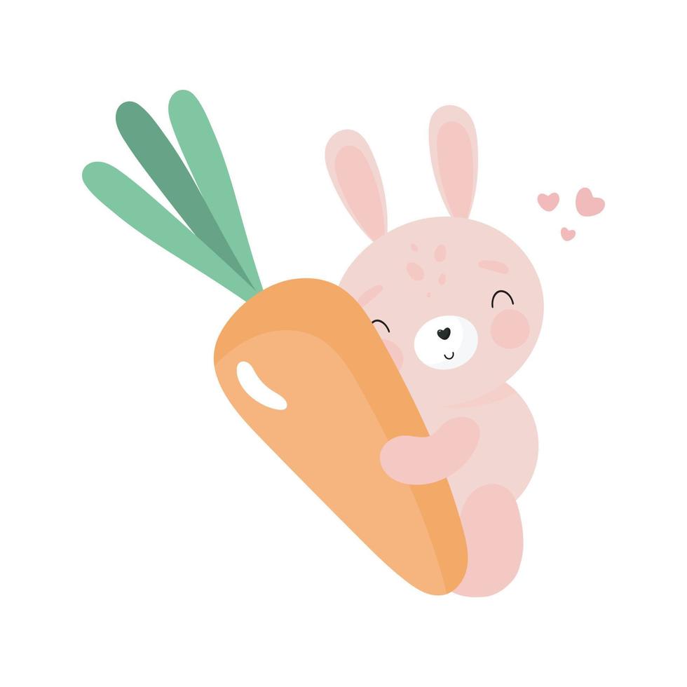 Cute Rabbit with carrot. Cartoon style. Vector illustration. For kids stuff, card, posters, banners, children books, printing on the pack, printing on clothes, fabric, wallpaper, textile or dishes.