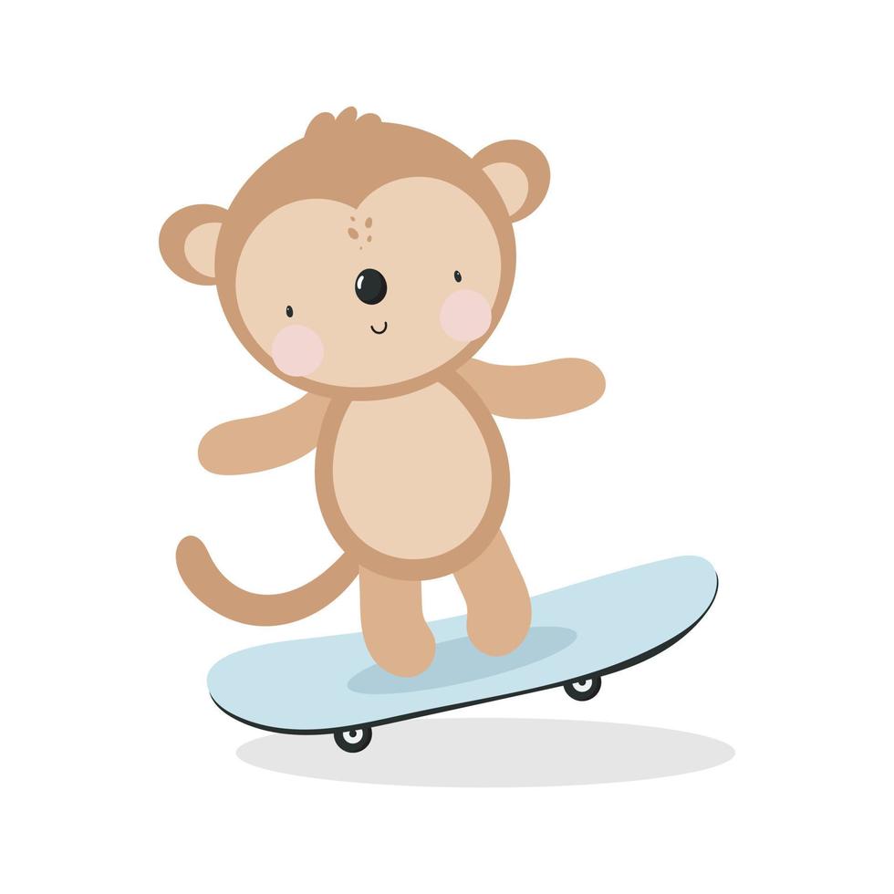 lindo mono en una patineta en estilo de dibujos animados. ilustración vectorial en fondo blanco. para cosas de niños, tarjetas, afiches, pancartas, libros para niños e impresos para ropa, camisetas. vector