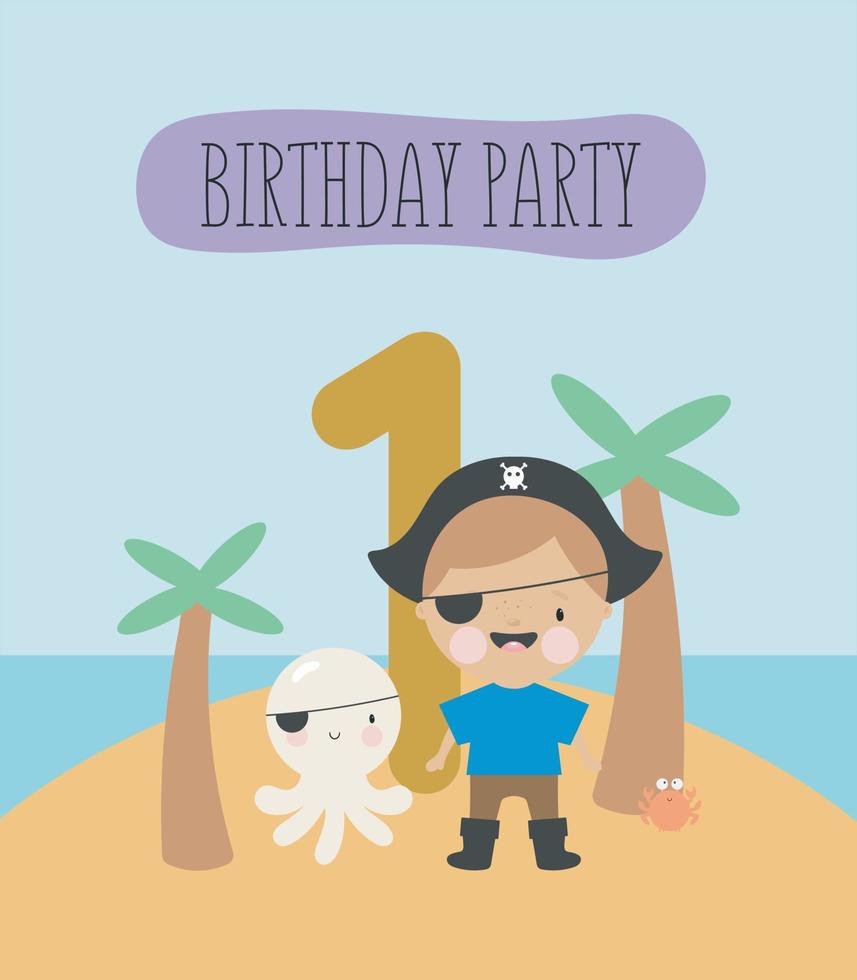 fiesta de cumpleaños, tarjeta de felicitación, invitación de fiesta. ilustración infantil con un pequeño pirata y una inscripción. ilustración vectorial en estilo de dibujos animados. vector