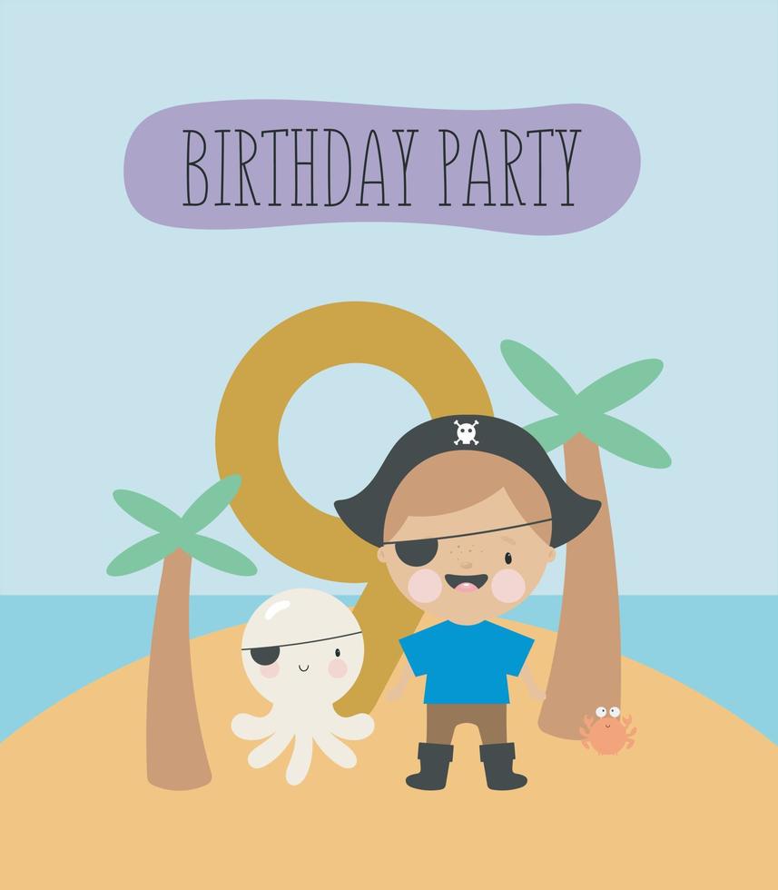 fiesta de cumpleaños, tarjeta de felicitación, invitación de fiesta. ilustración infantil con pequeño pirata y una inscripción nueve. ilustración vectorial en estilo de dibujos animados. vector
