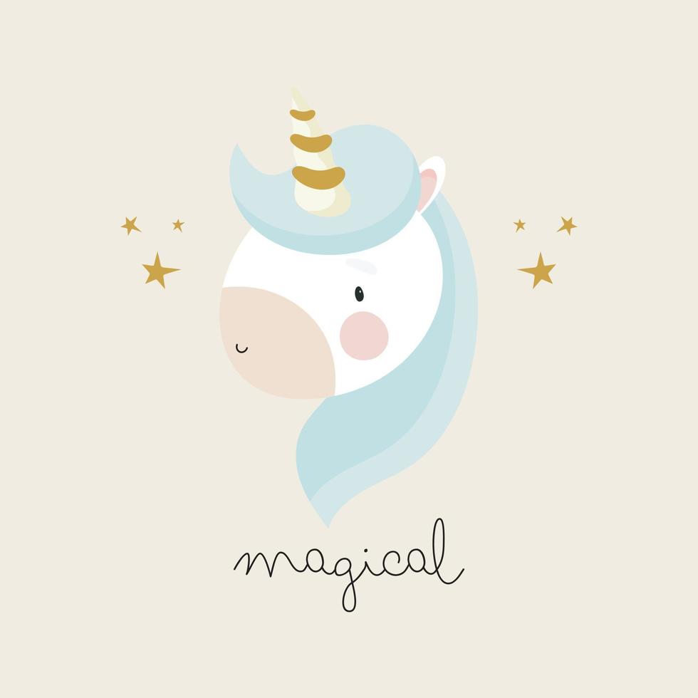 Magic Unicorn. For kids stuff, card, posters, banners, books, printing on the pack, printing on clothes, fabric, wallpaper, textile or dishes. Vector illustration.