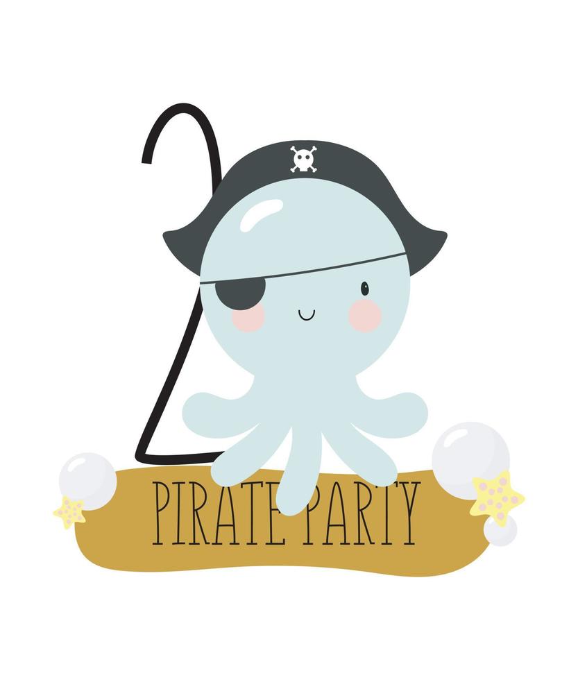 fiesta de cumpleaños, tarjeta de felicitación, invitación de fiesta. ilustración infantil con pulpo pirata y una inscripción dos. invitación de fiesta pirata. ilustración vectorial en estilo de dibujos animados. vector