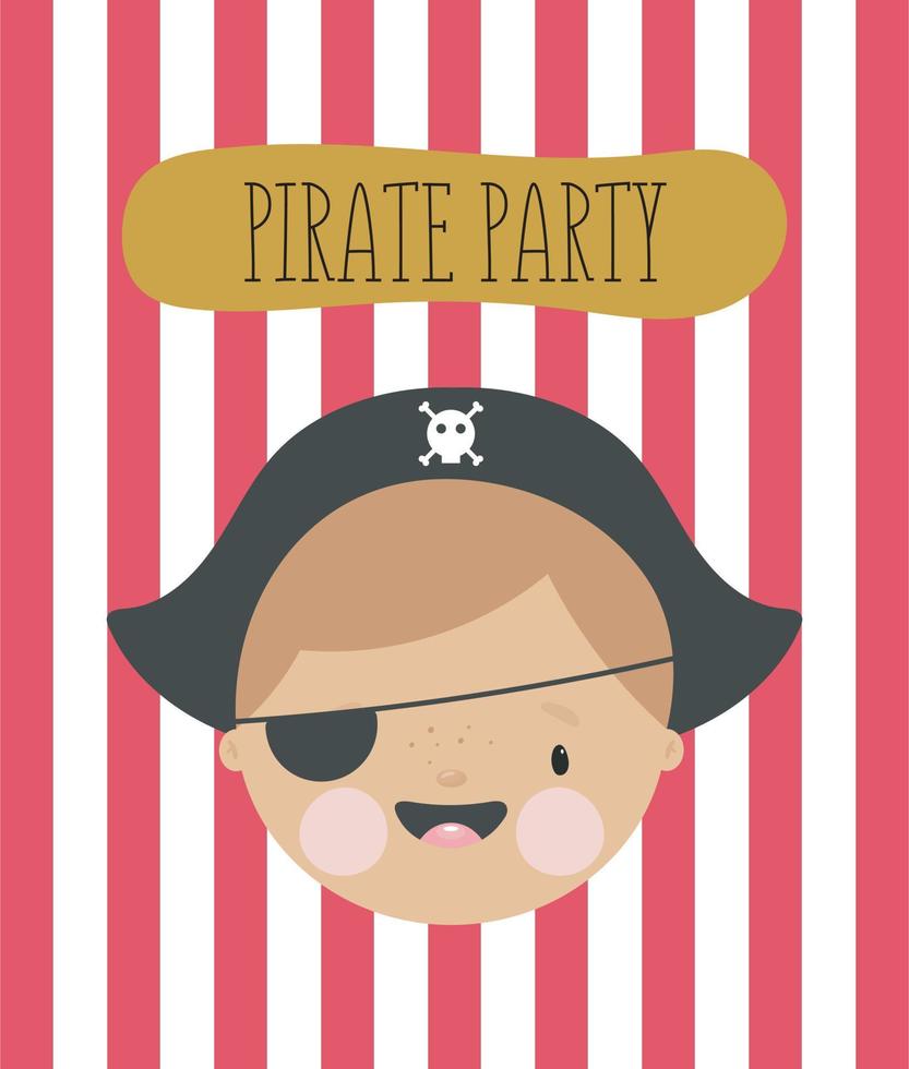 fiesta de cumpleaños, tarjeta de felicitación, invitación de fiesta. ilustración infantil con pequeño pirata. invitación de fiesta pirata. ilustración vectorial en estilo de dibujos animados. vector