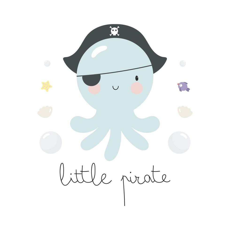Little Octopus Pirate in cartoon style. Vector illustration. For kids stuff, card, posters, banners, children books, printing on the pack, printing on clothes, fabric, wallpaper, textile or dishes.