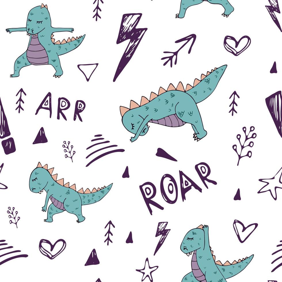 Dinosaur in yoga asanas, hand drawn vector seamless pattern