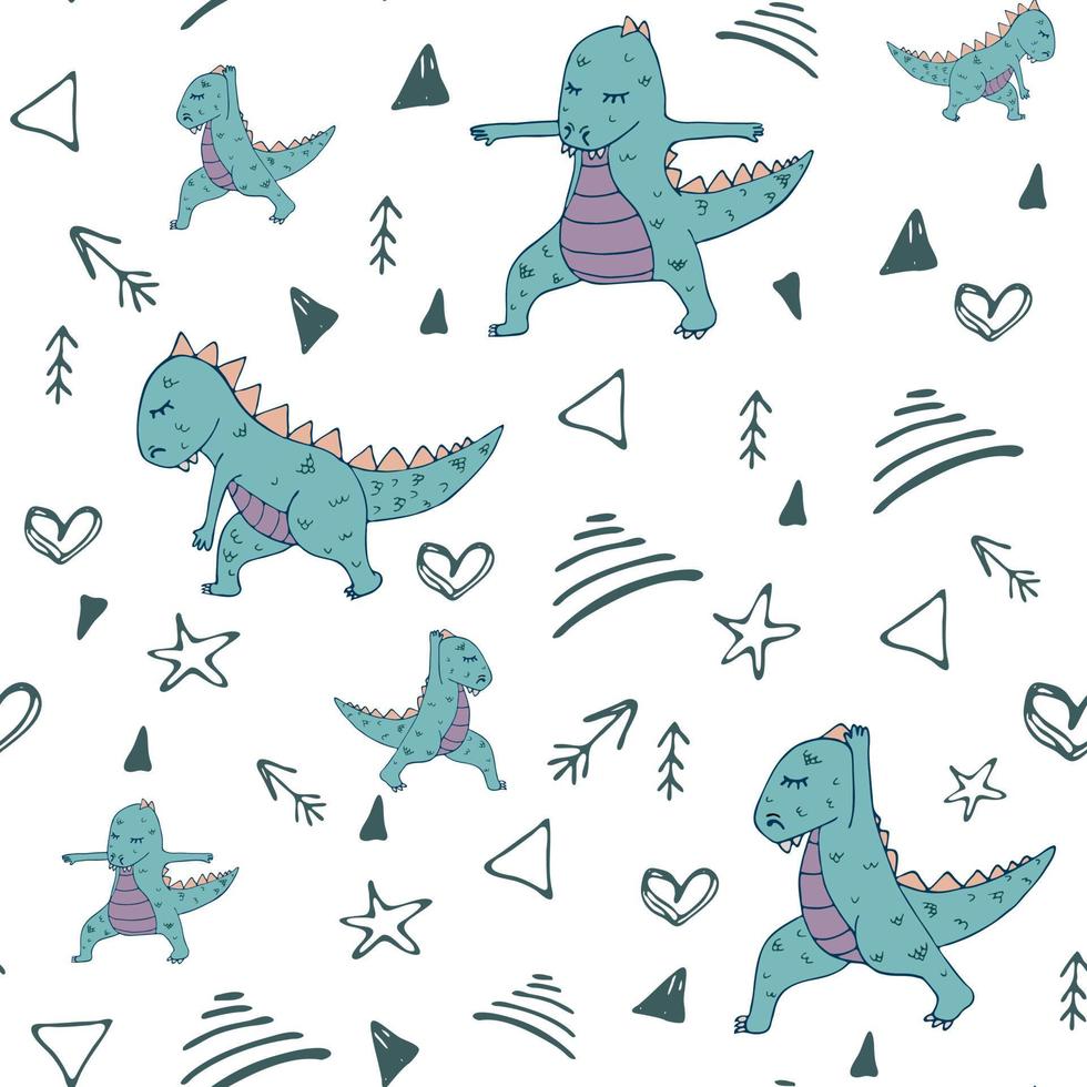 Dinosaur in yoga asanas, hand drawn vector seamless pattern
