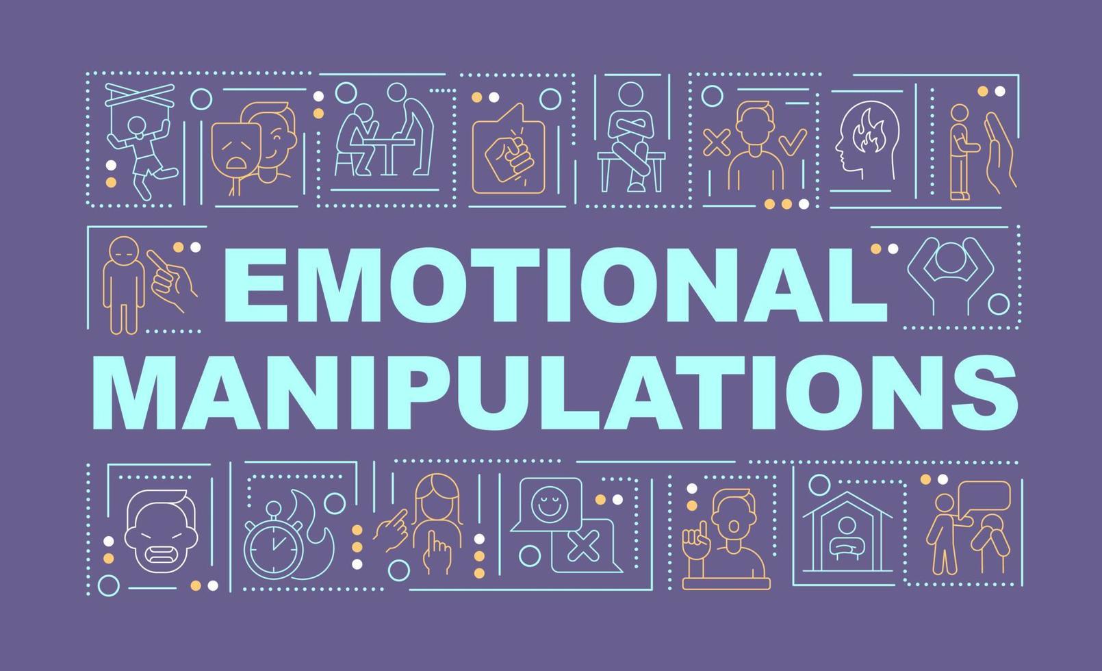 Psychological manipulations word concepts dark purple banner. Emotional harm. Infographics with icons on color background. Isolated typography. Vector illustration with text. Arial-Black font used