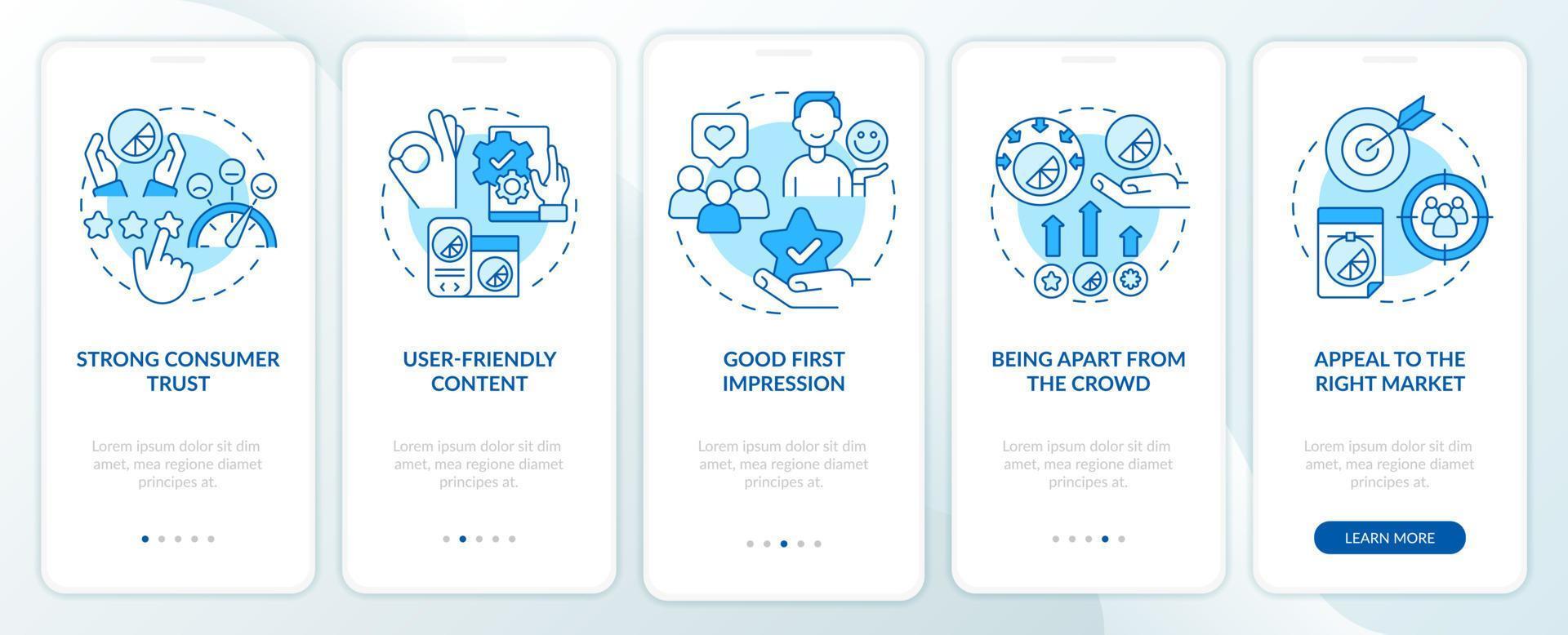 Good design importance blue onboarding mobile app screen. Business style walkthrough 5 steps graphic instructions pages with linear concepts. UI, UX, GUI template. Myriad Pro-Bold, Regular fonts used vector