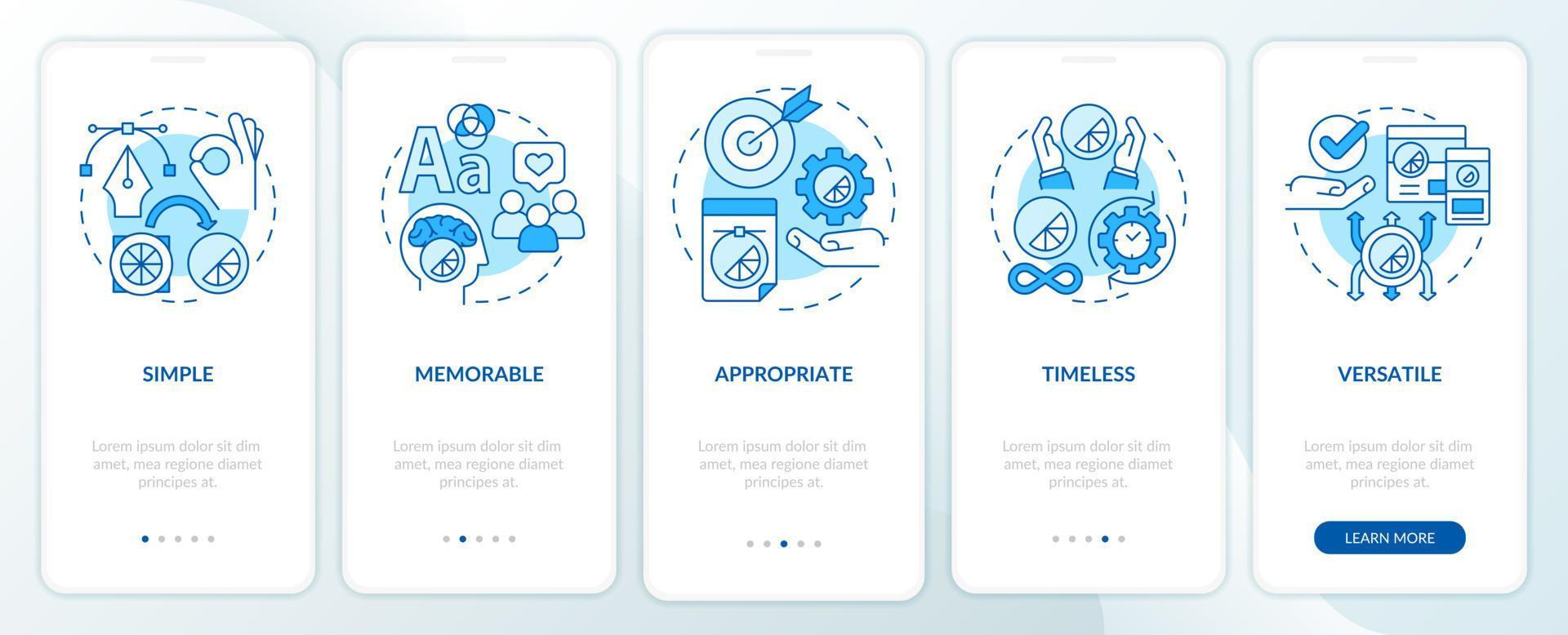 Good logo design characteristics blue onboarding mobile app screen. Brand walkthrough 5 steps graphic instructions pages with linear concepts. UI, UX, GUI template. Myriad Pro-Bold, Regular fonts used vector