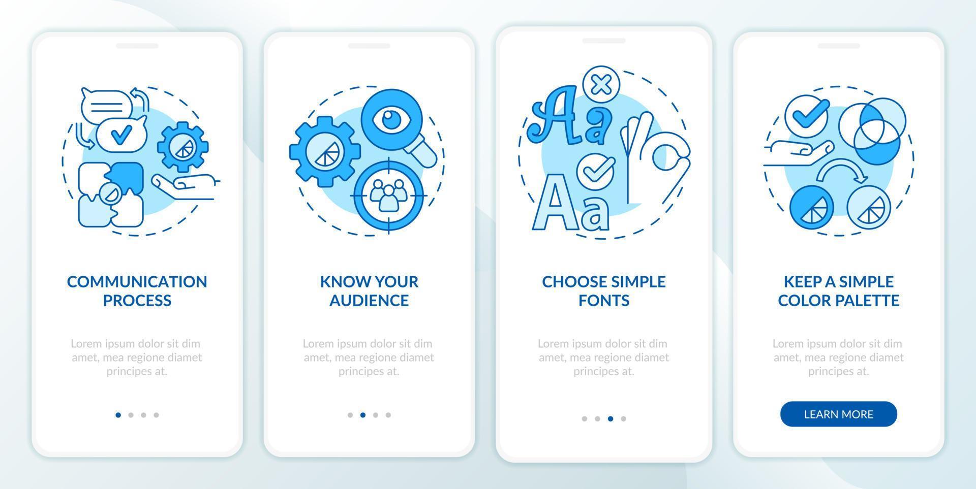 Graphic design rules blue onboarding mobile app screen. Visual content walkthrough 4 steps graphic instructions pages with linear concepts. UI, UX, GUI template. Myriad Pro-Bold, Regular fonts used vector