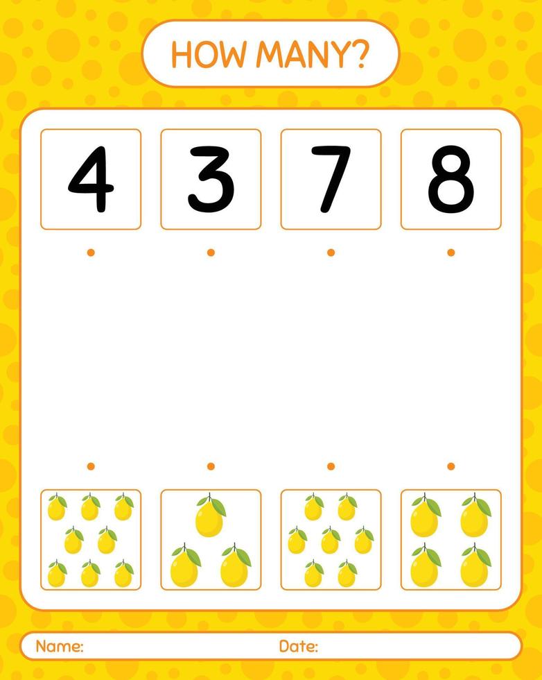 How many counting game with lemon. worksheet for preschool kids, kids activity sheet, printable worksheet vector