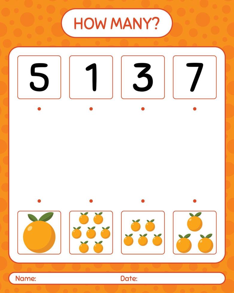 How many counting game with orange worksheet for preschool kids, kids activity sheet, printable worksheet vector